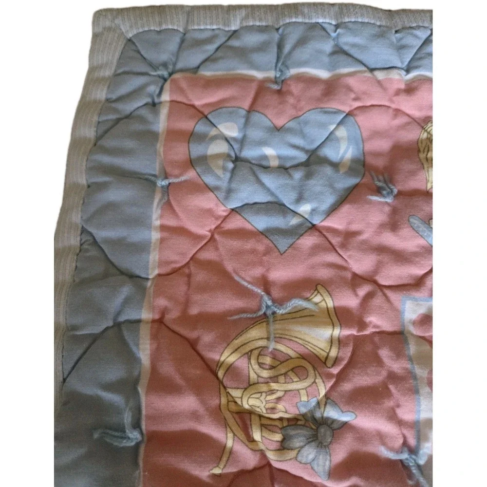 VTG‎ Handmade Baby Quilt Teddy Bear Rocking Horse Pastel Pink Blue Nursery Crib